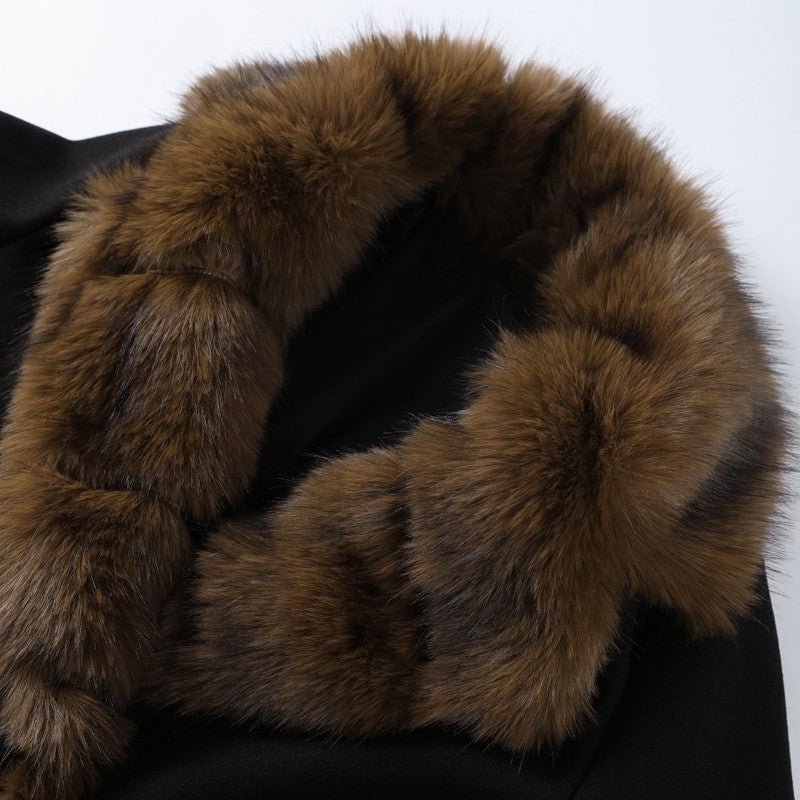 Elegant Fur Collar Woolen Coat Women Contrast Full Sleeve Turn-down Collar Loose Lace Up Coats Female 2025 Autumn Lady Outwears