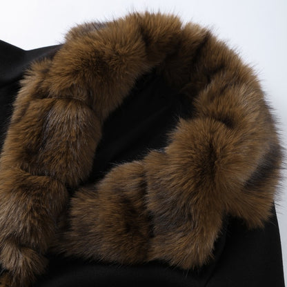 Elegant Fur Collar Woolen Coat Women Contrast Full Sleeve Turn-down Collar Loose Lace Up Coats Female 2025 Autumn Lady Outwears