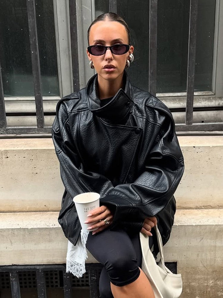 HH Women Autumn Fashion Jackets Asymmetric Button Pocket Long Sleeves Black Loose Zipper Jackets Female High Street Coats