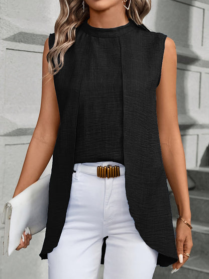 Two Fake Pieces Shirts For Women 2024 Fashion O-neck Sleeveless Shirt Tops Summer Elegant Solid Blouse Top Femme Black