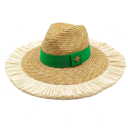 Chapéu de palha de verão alfinete de pérola chapéu de palha feminino de aba plana oco com ranhuras de verão para praia e sol sombreiro ????