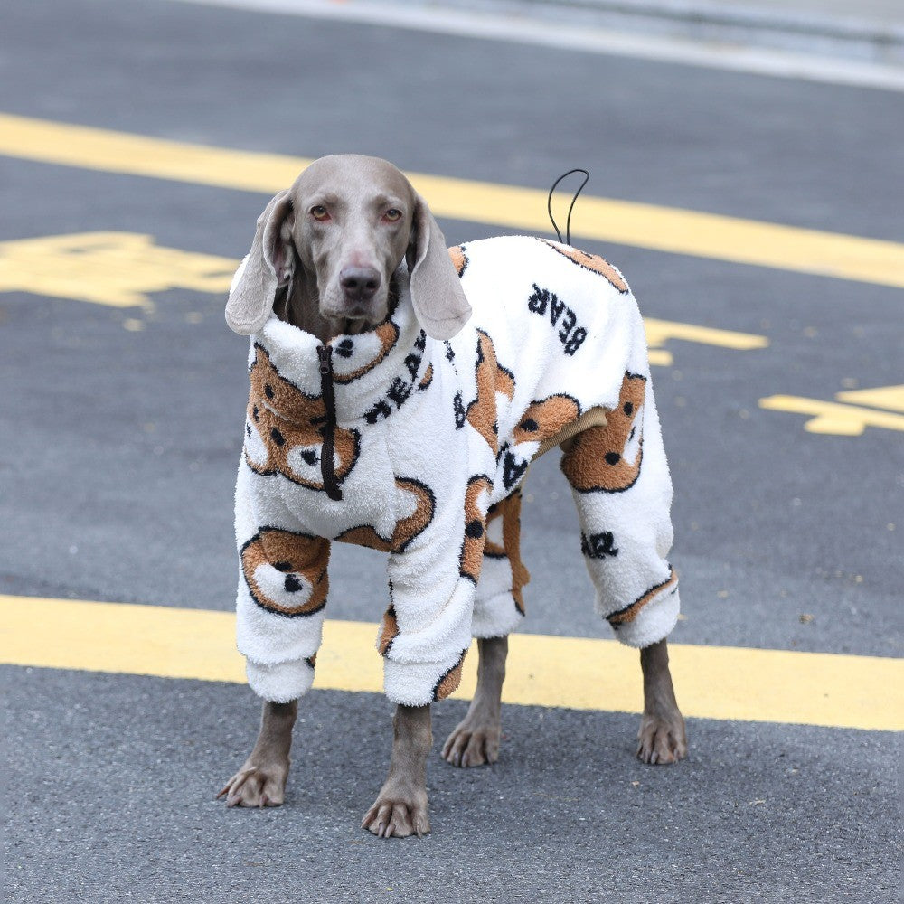 Macacão de 4 patas para cachorros grandes, pijama quente de inverno para raças grandes, suéter macio com estampa de urso, moletom de lã para Husky Labrador