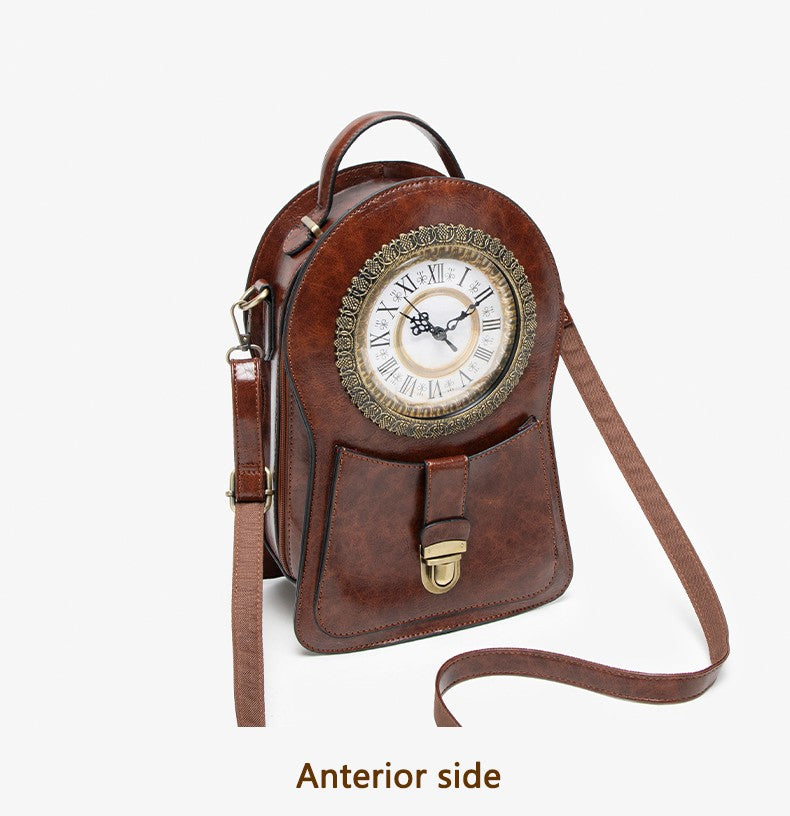 Vintage Clock Backpack, Clock-Style Fashion Shoulder Bag, Crossbody Backpack, Trendy Cool Clock Design, Large-Capacity Multifunctional Travel Bag, British Style Vertical Party Backpack, Waxed Leather Three-Dimensional Bag, Holiday Gift for Christmas