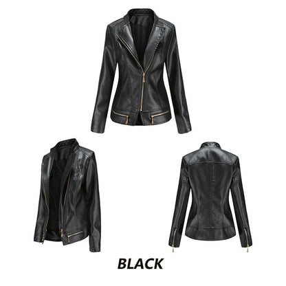 Women's Bright Red Lapel PU Jacket, Zippered Embellished Leather Jackets, Women Fashion Casual Coat of Female Outerwear