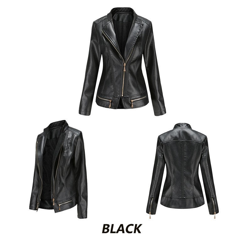 Women's Bright Red Lapel PU Jacket, Zippered Embellished Leather Jackets, Women Fashion Casual Coat of Female Outerwear