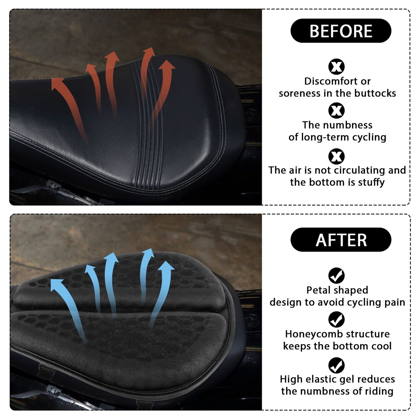 Almofada de Gel Antiderrapante para Assento de Moto 3D Colmeia Amortecedora Almofada de Assento de Moto Respirável Acessório de Capa de Assento de Moto