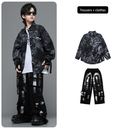 Roupas Infantis Hip Hop Casaco Brilhante Preto Top Calças Jogger Pretas de Rua para Meninas Meninos Fantasia de Dança Jazz Roupas