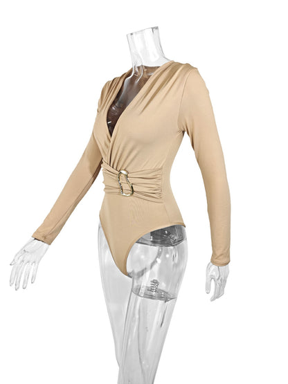 2025 Spring Autumn Deep V Neck Long Sleeve Bodysuits Women Fashion Solid Slim Fit Pleated T-Shirt Casual Female Jummsuits Tops