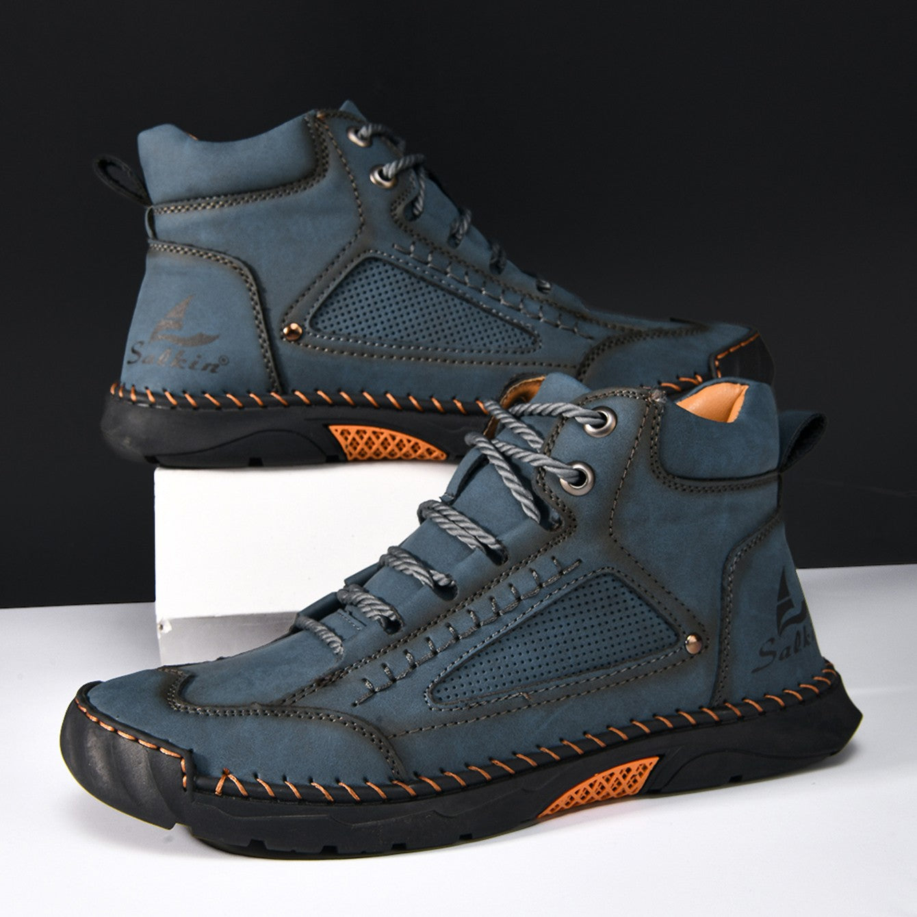 New Handmand Casual Leather Shoes Outdoor Men Boots Autumn Retro Breathable Casual Shoes Lace Up Blue Ankle Boots Winter Autumn