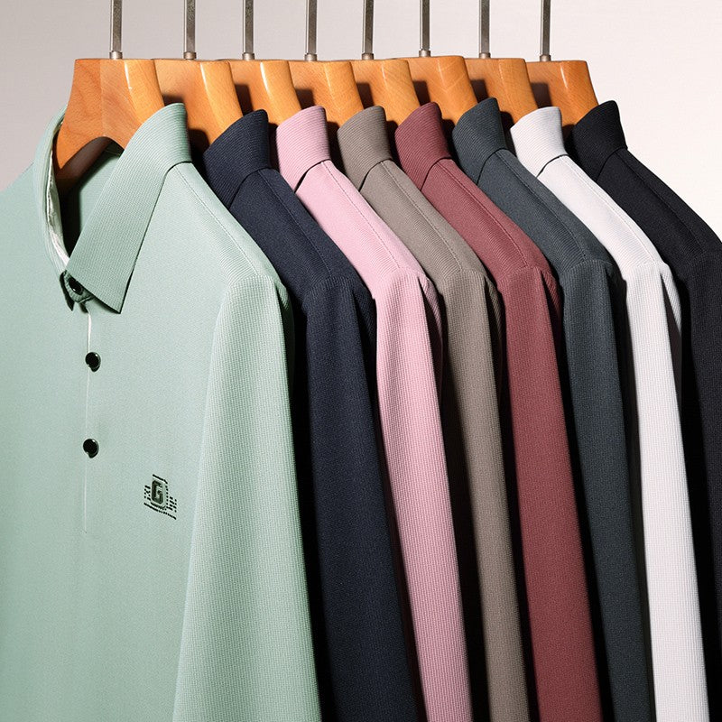 New Men's Business Casual Long Sleeved Shirt with Badge Solid Color Polo Shirt Fashionable Breathable Comfortable Versatile Top