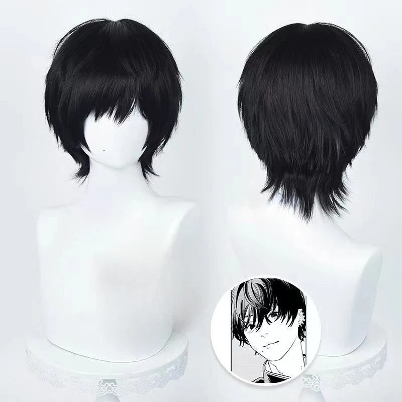 Peruca Cosplay Yoshida Hirofumi de Chainsaw Man, 35cm, Curta, Preta, Cabelo Sintético Resistente ao Calor, Masculina, para Festa