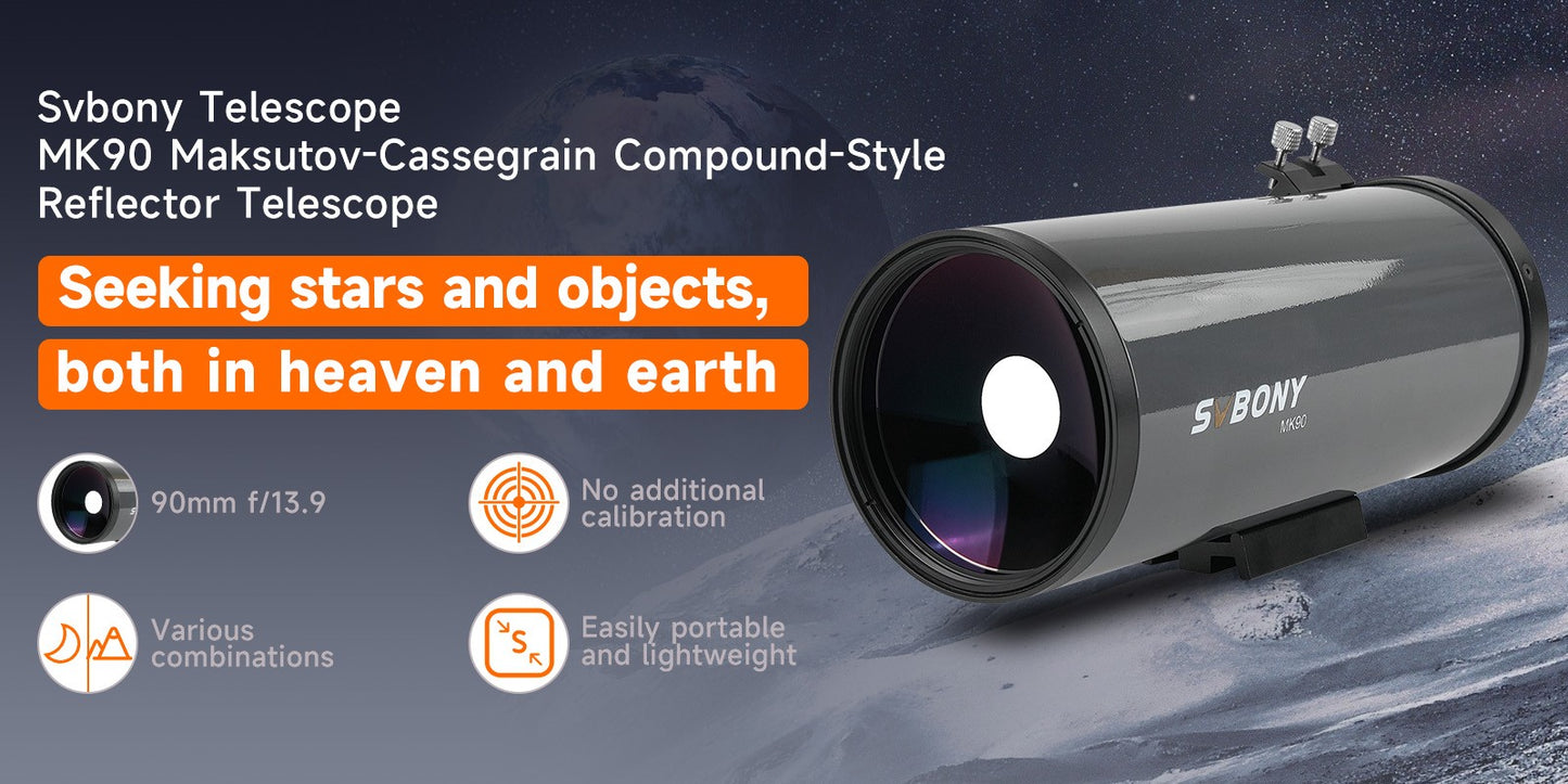 Telescópio Maksutov-Cassegrain Svbony MK90, Abertura de 90mm, Portátil para Levar a Qualquer Lugar, Ideal para Observações Lunares e Planetárias