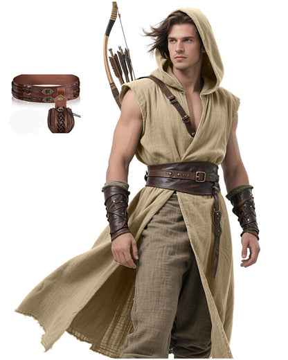 Men's Medieval Hooded Surcoat Renaissance Tabard Sleeveless Tunic Cloak Viking Costume Holloween Assassin Cosplay