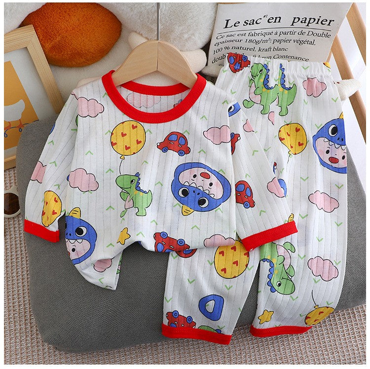 Kids Boys Girls Summer Cotton Thin Pajamas Cute Cartoon Print Long Sleeve T-shirt Tops+Pants Baby Clothing Sets