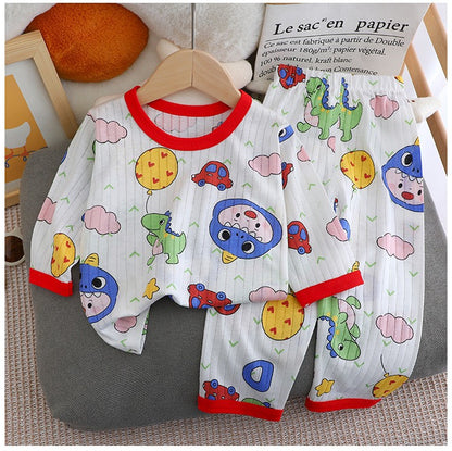 Kids Boys Girls Summer Cotton Thin Pajamas Cute Cartoon Print Long Sleeve T-shirt Tops+Pants Baby Clothing Sets