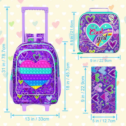 Mochila de Rodinha 3 Peças para Meninas, Mochila com Rodas para Crianças, Mochila Escolar com Rodinhas e Lancheira - Coração Roxo