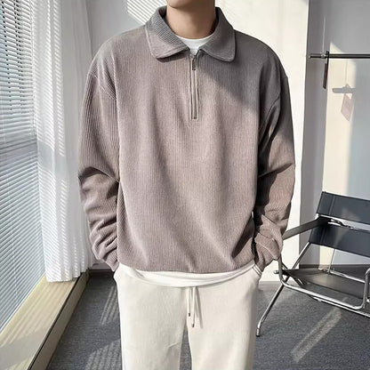 Autumn Vintage Polo Collar Sweater Men's Thickened Loose-Fit Half Zipper Knitwear New Anti-Pilling Flip Pullover Knit Sweaters