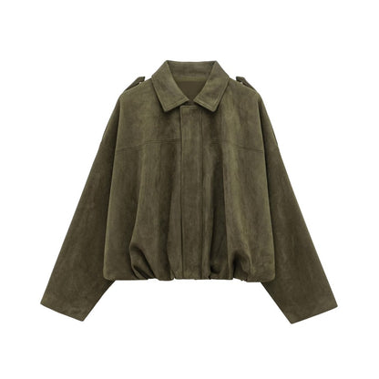 2025 Women Faux Suede Collared Jacket with Shoulder Straps Loose Fit Stylish Olive Green for Sale on