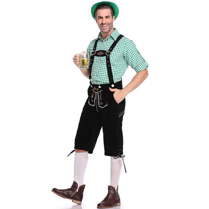 Germany Oktoberfest Costumes Adult Men Traditional Bavarian Beer Shorts Outfit Overalls Shirt Hat Suspenders Set Halloween Cloth