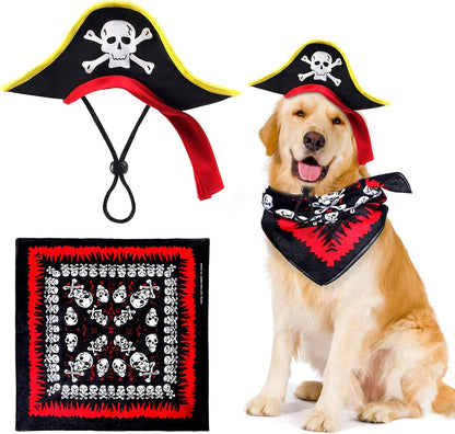 Chapéu de Pirata ATUBAN com Estampa de Caveira para Animais de Estimação com Bandana de Caveira para Cães e Gatos, Boné de Capitão, Fantasia de Pirata para Cosplay de Halloween, Festa de Halloween