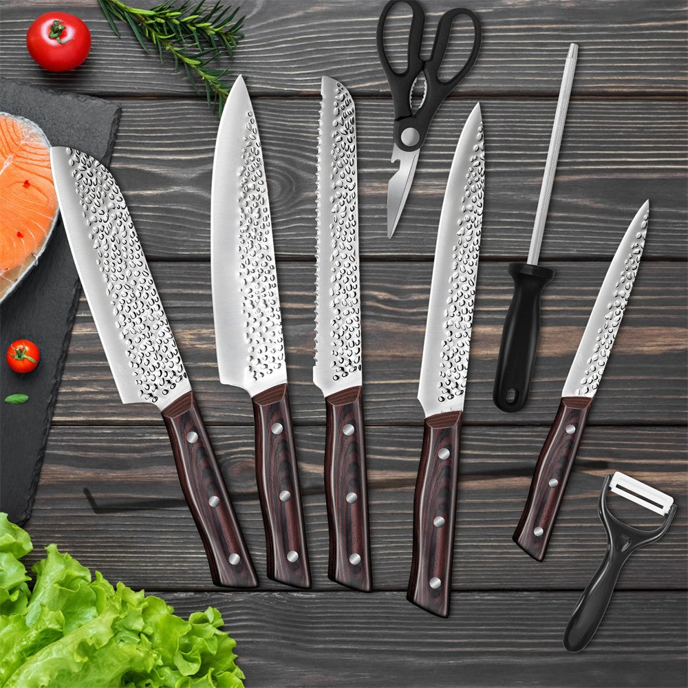 ZENG 8pcs Chef Knife Kitchen Knives Set Hammer Pattern Sharp Cutting Blade Meat Salmon Slicing Knives Santoku Knives Kitchen