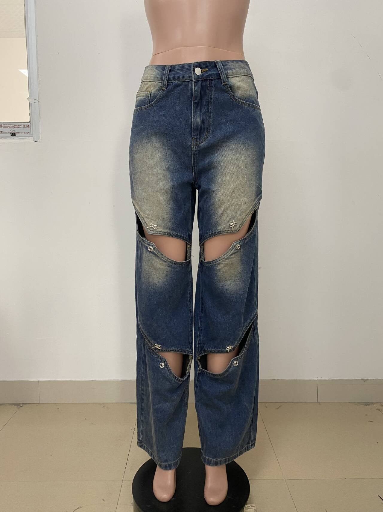 2025 New European and American Women's Clothing Fashion Street Trend Hollow Nail Buckle Old Straight Loose Denim Trousers