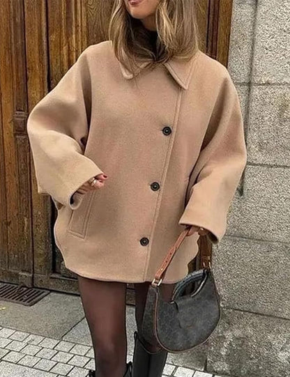 Women's Oblique Button Loose Batwing Sleeve Jacket Coat Lapel Double Pocket Warm Solid Vintage Outerwear Fall Winter Coat