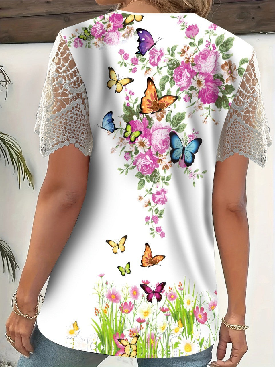 New Boho Flower Blouses Womens Fashion Shirt V-Neck Short Sleeve Flower Print Shirt Tops Casual Loose Ladies Floral Lace