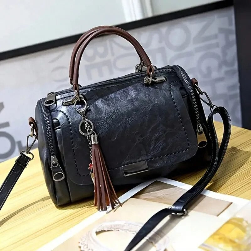 Tassel Decor Women's Large Capacity Shoulder Bag Fashion Zipper Crossbody Bag With Removable Strap Boston Handbag