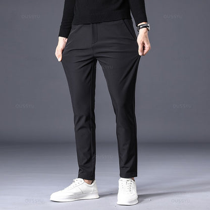 Winter Warm Men's Fleece Pants Thick Business Stretch Slim Fit Elastic Waist Jogger Korean Classic Black Gray Blue Trousers Male