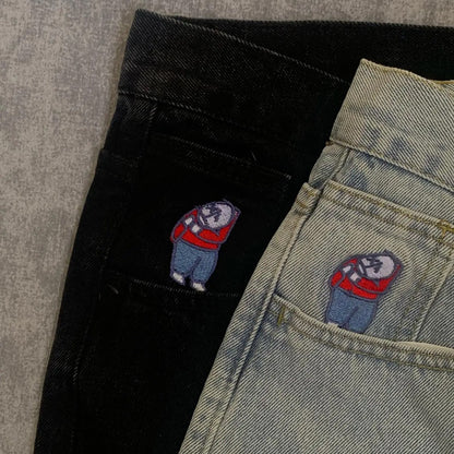 Y2K Embroidery Baggy Boy Jeans Women Streetwear Gothic Cartoon Blue Straight Jeans Retro Punk Rock High Waist Denim Trousers