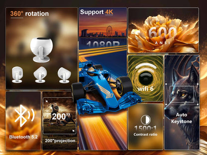 XBJ Spherical Home Theater 4K Projector, Android WiFi 6 BT 5.0 Auto Keystone 360° Rotation Portable Video Projector for Outdoor