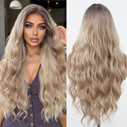 HENRY MARGU Peruca Frontal Lisa Ondulada Marrom Mista Longa Peruca Sintética Natural Ondulada 13x4 Frontal de Renda Cabelo Falso para Mulheres Raiz Escura