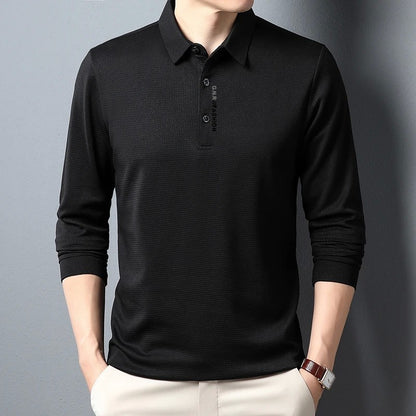 Men's Waffle Long Sleeved POLO Shirt with Letter Printed Lapel Casual Top
