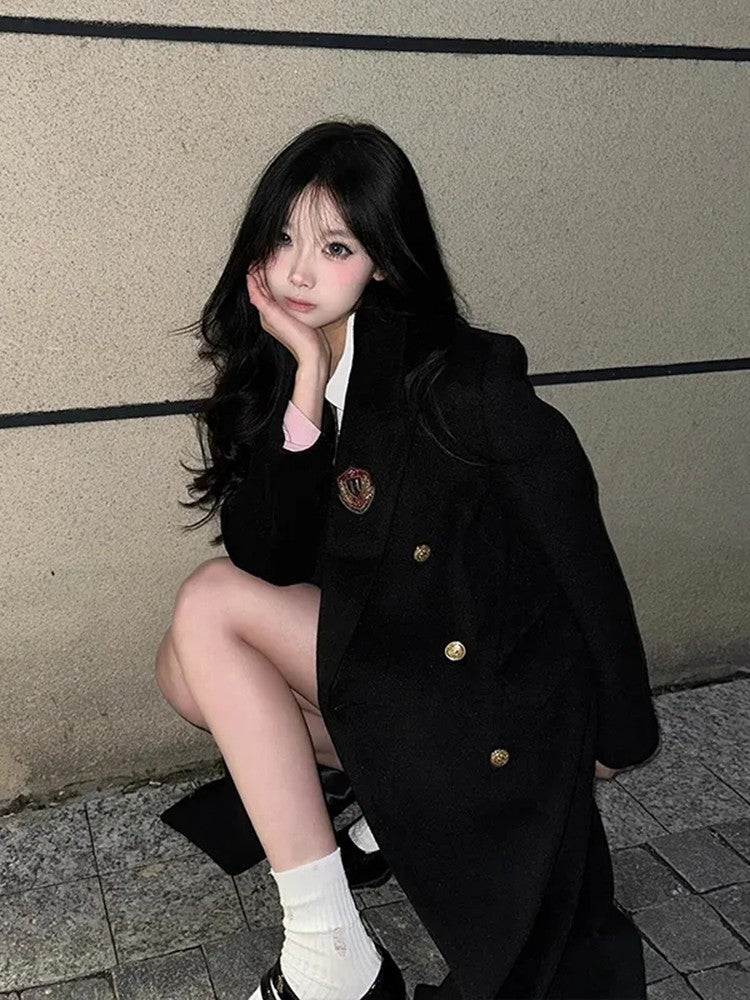 Jk Uniform Wool Coat Women Fashion Japanese Preppy Elegant Badge Black Midi Outwear Autumn Winter Sweet Long Sleeve Quilted Tops