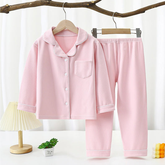New Autumn Winter Kids Thermal Pajamas Set, Boys and Girls Fleece Long Sleeve Lapel Home Wear Two-Piece Outfit