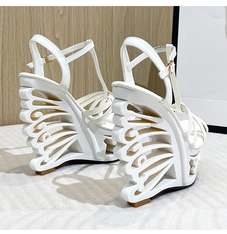 2022 New High Heels Women Pumps Thick Platform Buckle Strap Nightclub Shoes Catwalk Model Show 14.5CM Hollow Out Wedge Sandals