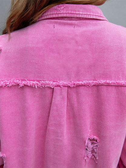 2025 Holes Raw-edges Denim Jacket Women Spring Autumn Shirt Style Jeancoat Casual Top Rose-Red Orange Purple Outerwear Lady Coat