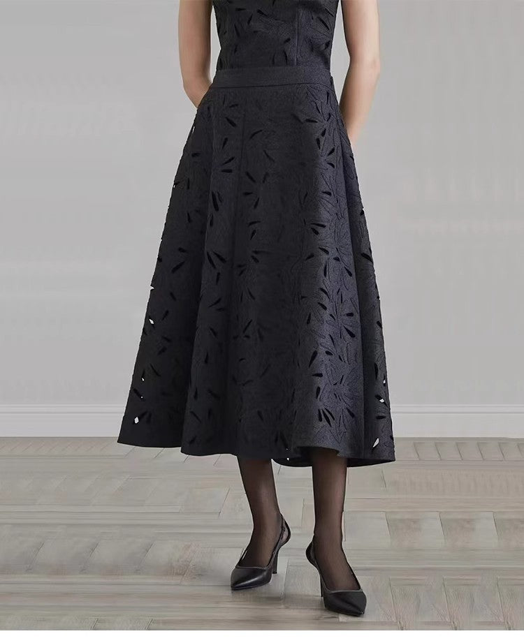 Dark Grey Wool Skirts for women 2024 Autumn Winter Big Swing A-Line Long Skirt Elegant Elastic waist Zipper Hollow Out Skirt