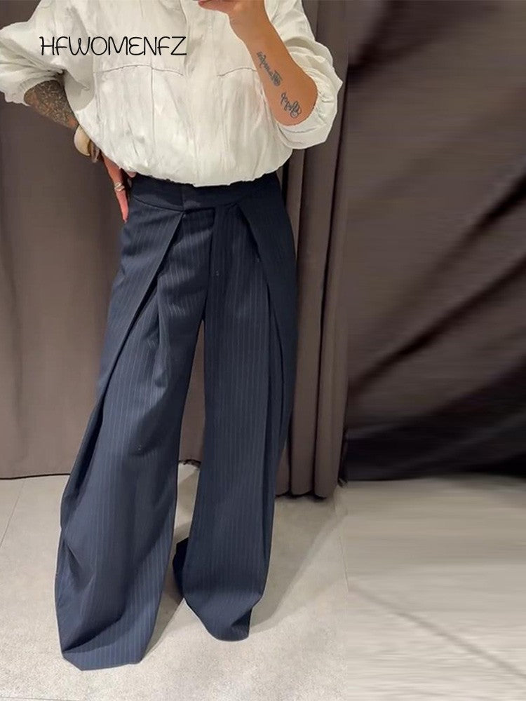 Casual Striped Loose Pants Women High Waist Pleated Straight Long Wide Leg Trousers Female 2025 Fashion Autumn Lady Bottoms