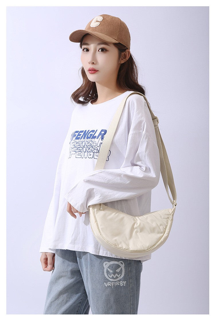 Solid Color Women's Portable Shoulder Bag Simple Female Nylon Cloth Padded Crossbody Bags Travel Purse Handbags Messenger Bag