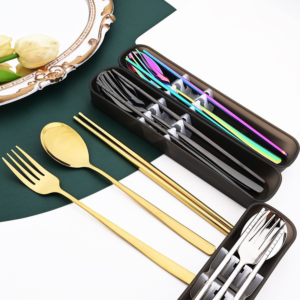 Drmfiy Western 6Set Black Dinnerware 304 Stainless Steel Tableware Long Handle Spoons Chopsticks Metal Korean Silverware Set