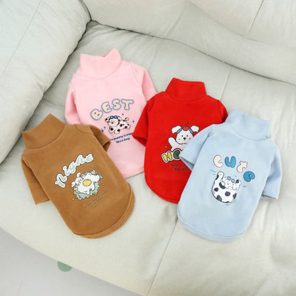 Camisa de base quente com gola alta de pelúcia para animais de estimação, moletom grosso de desenho animado para outono e inverno, roupas para cães para atividades ao ar livre