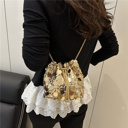 Sequin Chain Women's Portable Bucket Shoulder Bags Retro Ladies Dinner Party Clutch Purse Luxury Design Female Crossbody Bag