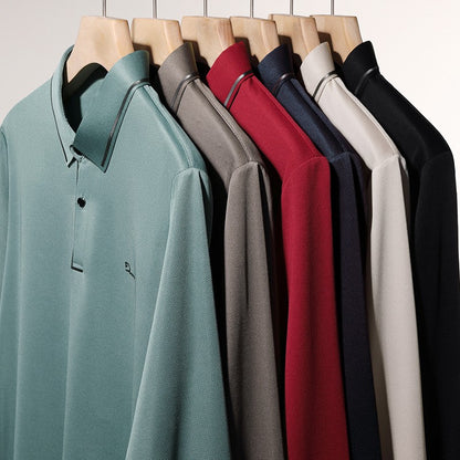 New Men's Business Casual Long Sleeved Shirt with Badge Solid Color Polo Shirt Fashionable Breathable Comfortable Versatile Top