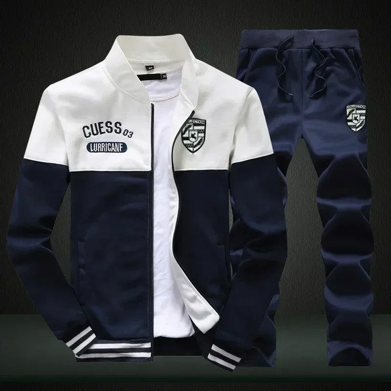 Winter Men's Sports Suit with Fleece and Warm Standing Collar Jacket+men's Drawstring Sports Pants Fashionable Printed Men's Set