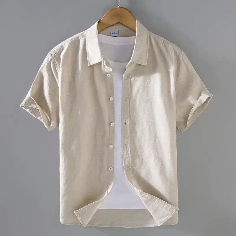 High Quality Cotton Linen Men's Summer Fashion Shirt Solid Color Simple Casual Short Sleeve Blouses Basic Thin Breathable Tops