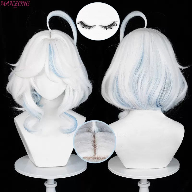 Peruca Curta Furina Peruca Cosplay Focalors Curta Prata Branca Azul Peruca Cosplay Anime Perucas Cosplay Resistente ao Calor Sintética + Touca de Peruca