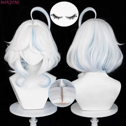 Peruca Curta Furina Peruca Cosplay Focalors Curta Prata Branca Azul Peruca Cosplay Anime Perucas Cosplay Resistente ao Calor Sintética + Touca de Peruca