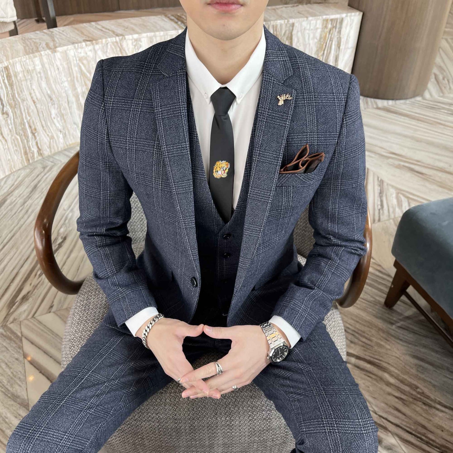 British Korean Style High Quality Modified Plaid Three-Piece Suit for Men - Stylish Business Casual Suit Vest And Trousers Set